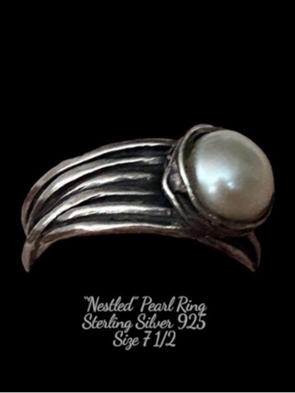 Nestled” Pearl  Ring - White Pearl on 925 Sterling Silver Band, Size 7 1/2